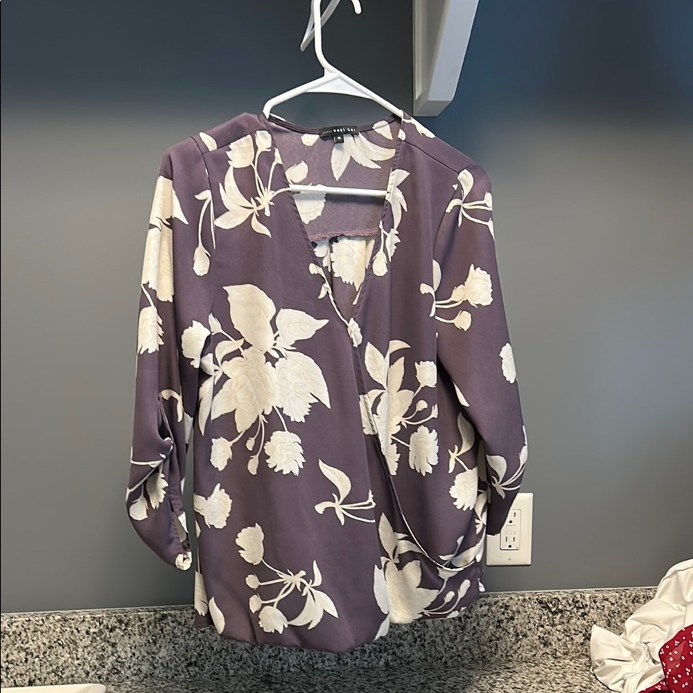 West Kei Purple Floral Wrap Blouse 3/4 Sleeve
